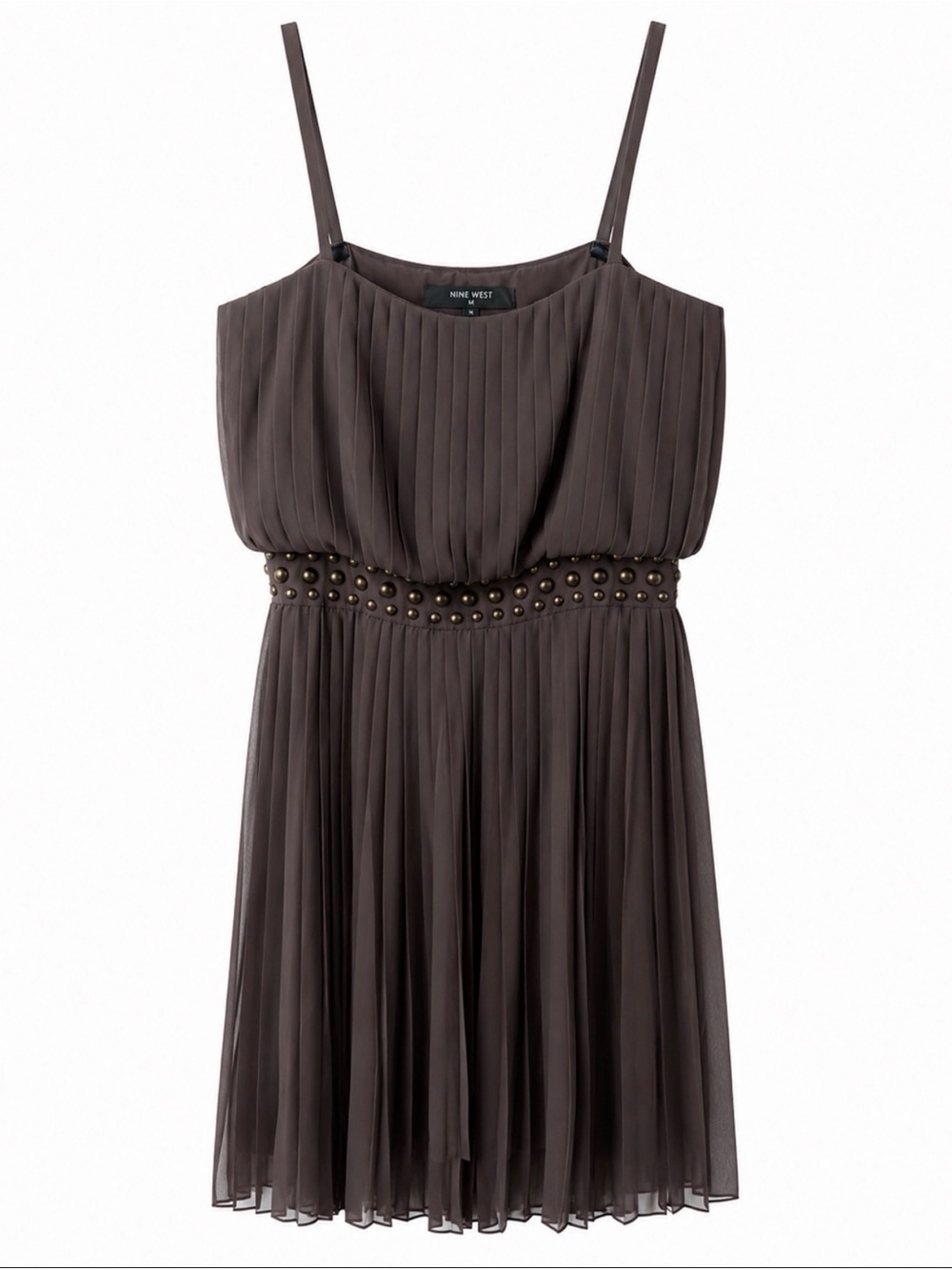 Nine West Brown Pleated Studded Waist Spaghetti Strap MIDI  Dress
